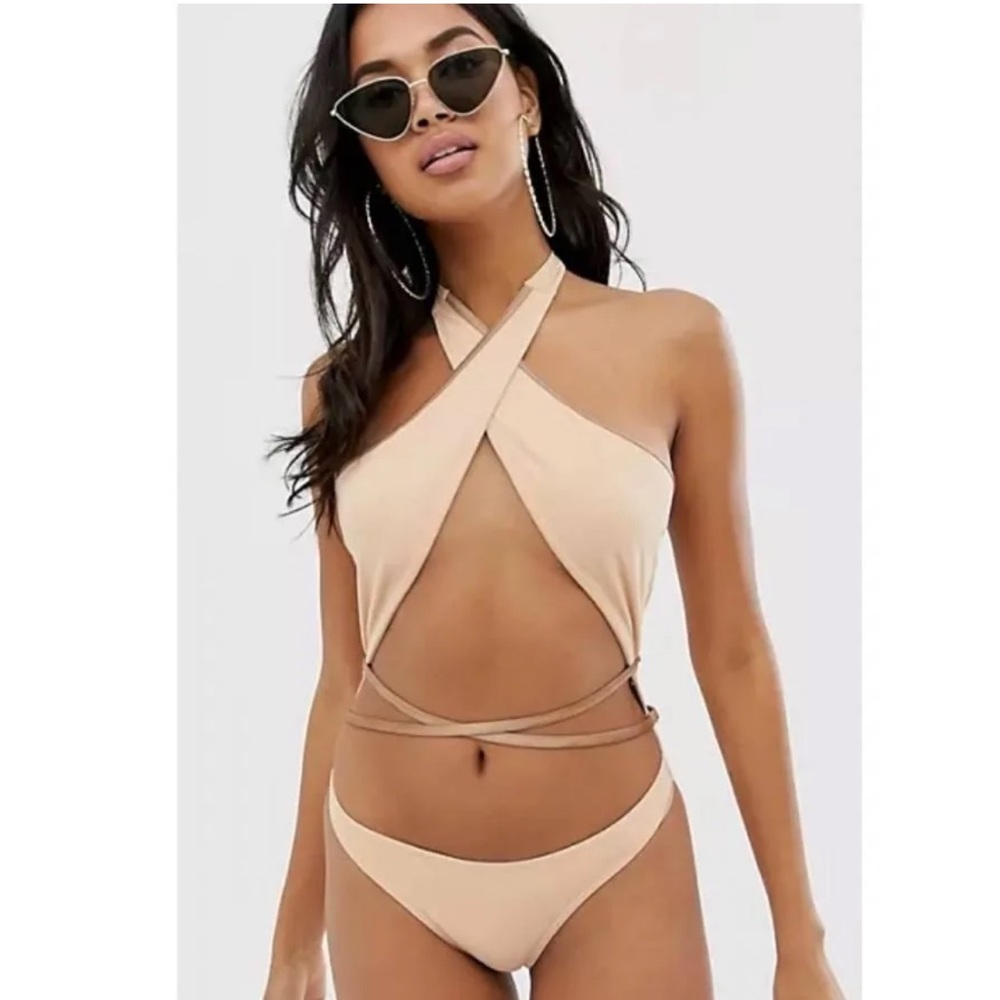 ASOS Cross Neck Strappy One Piece High Leg Swimsuit In Light Mink size 2